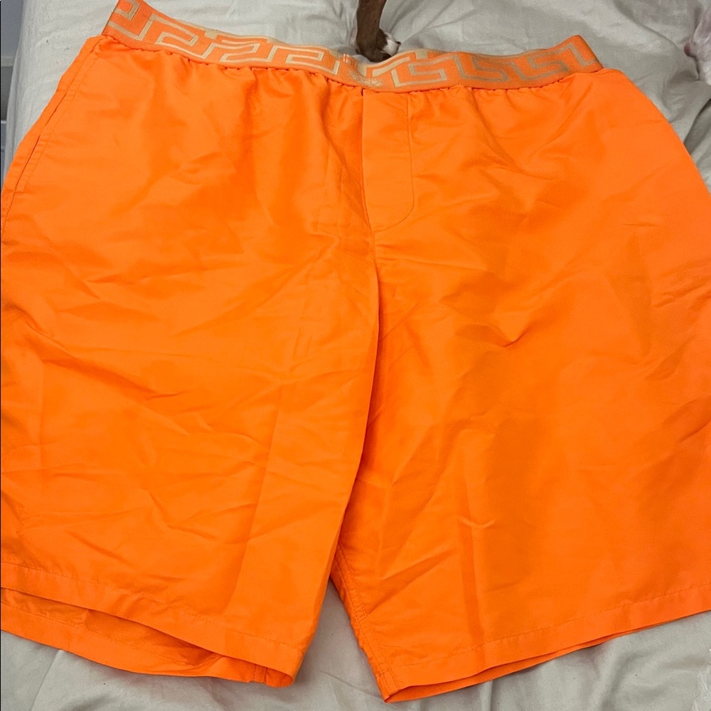 Versace Orange Shorts with Greek Key Waistband